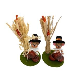 Annalee Pilgrim Mice Set of 2 Corn Stalks Pumpkins Thanksgiving Harvest Decor